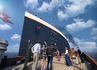 Cinematic VR rendering of the Titanic sailing across the ocean