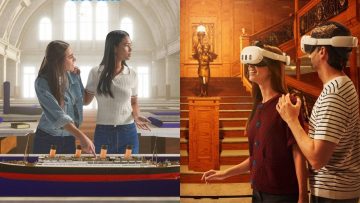 Two visitors exploring Titanic VR Dubai with ship model and immersive VR experience