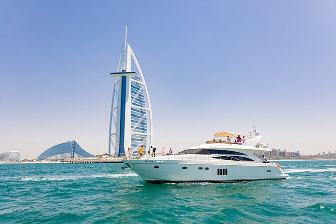 Luxury yacht sailing near Burj Al Arab in Dubai