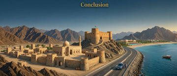 luxury car driving along Fujairah coastal road with mountains and historic fort UAE