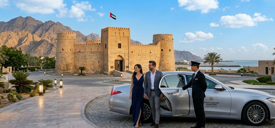 luxury car with chauffeur driving through Fujairah mountains and coast