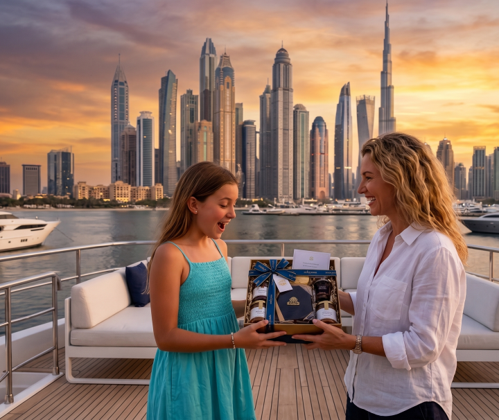 Mother gifting luxury hamper to daughter on yacht with Dubai Marina skyline and Burj Khalifa at sunset