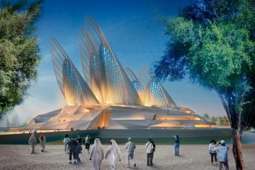 Natural History Museum Abu Dhabi futuristic architecture with illuminated structure and visitors at Saadiyat Cultural District